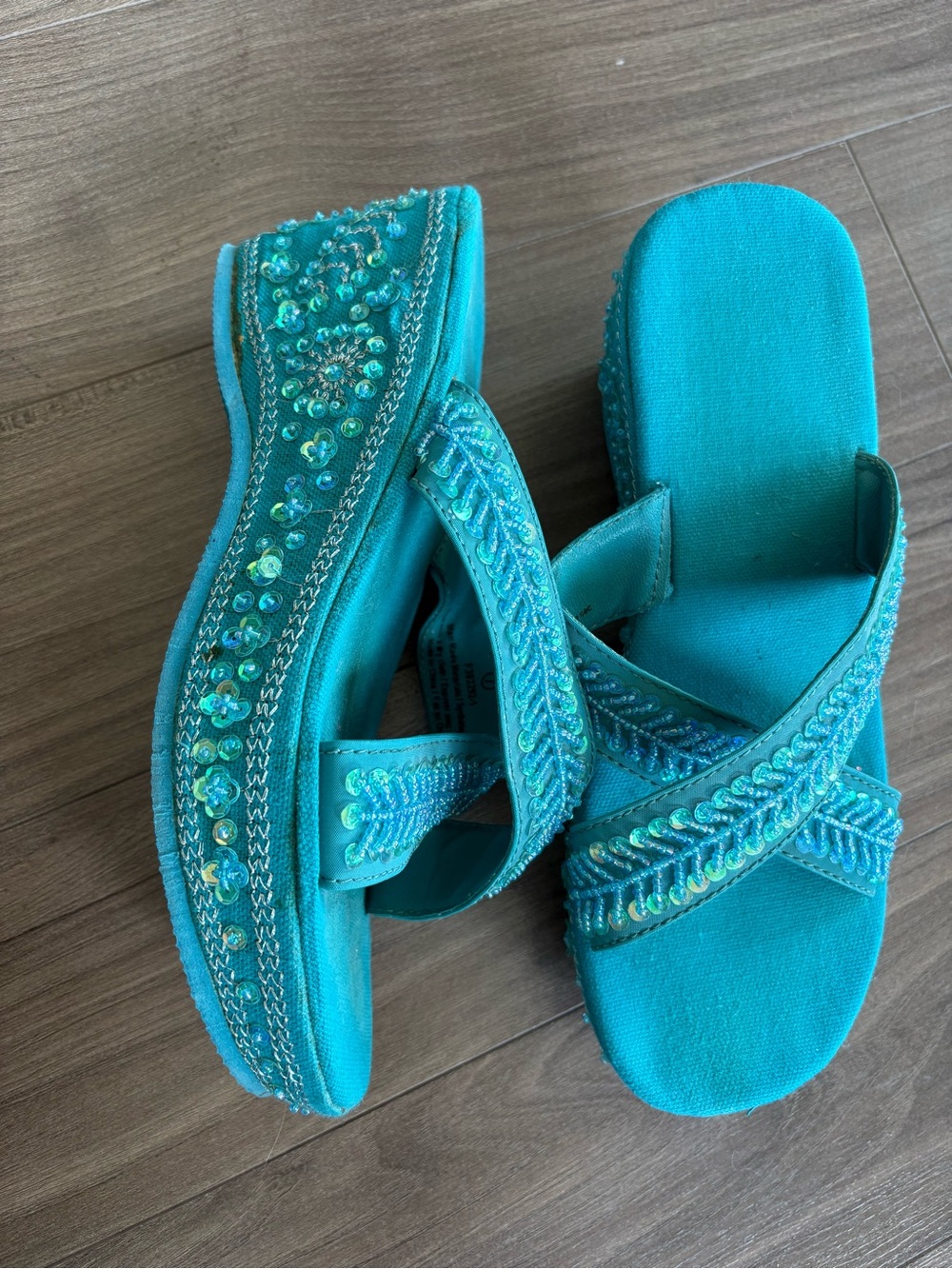Y2K Fairycore Women’s Embellished Turquoise Slide Sandals